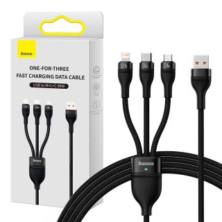 3in1 USB cable Baseus Flash II Series, USB-C + micro USB + Lightning, 66W, 1.2m (Black)