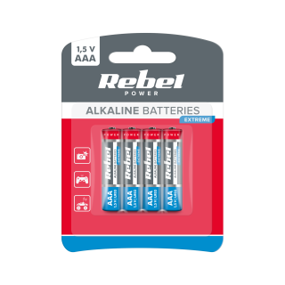 Primary batteries, rechargable batteries and power supply // Batteries AA, AAA and other sizes, chargers for ordering // Baterie alkaliczne REBEL EXTREME LR03 4szt./bl.