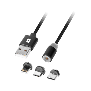 Tabletit ja tarvikkeet // USB-kaapelit // Kabel USB magnetyczny 3w1 microUSB, USB typu C, Lightning 100 cm czarny