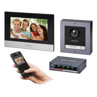 TELEFONSPYNĖS | Door Bels // TELEFONSPYNĖS Video HD // HIKVISION DS-KIS602(B) zestaw wideodomofonowy PoE jednorodzinny z monitorem dotykowym 7" z WiFi, panelem zewnętrznym z kamerą FullHD i PoE switch