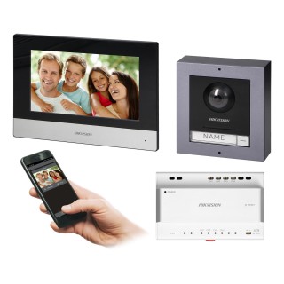 Doorpfones | Door Bels // Video doorphones HD // HIKVISION DS-KIS702Y zestaw wideodomofonowy 2-żyłowy jednorodzinny z monitorem dotykowym 7" z WiFi, panelem zewnętrznym z kamerą FullHD i dystrybutorem 4-kanałowym