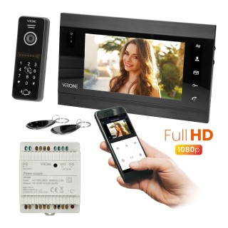 Domofoni (namruņi) | Durvju zvani // Video/Audio namrunis // VIFIS Full HD zestaw wideodomofonowy  z kamerą Full HD (bezsłuchawkowy , szyfrator, czytnik zbliżeniow, sterowanie z aplikacji, zasilacz na szynę DIN, czarny)