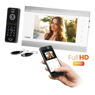Domofoni (namruņi) | Durvju zvani // Video/Audio namrunis // Zestaw wideo domofonowy VIFIS Full HD, bezsłuchawkowy, monitor 7" LCD,  menu OSD, kamera Full HD 1080P, z szyfratorem i czytnikiem kart i breloków oraz aplikacją mobilną, biały
