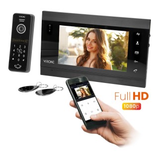 Domofoni (namruņi) | Durvju zvani // Video/Audio namrunis // Zestaw wideo domofonowy VIFIS Full HD, bezsłuchawkowy, monitor 7" LCD,  menu OSD, kamera Full HD 1080P, z szyfratorem i czytnikiem kart i breloków oraz aplikacją mobilną, czarny