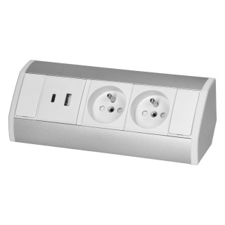 Elektromateriāli // Mēbeļu elektriskie slēdži un rozetes, USB rozetes // Gniazdo meblowe 2x2P+Z, 2xUSB (typ A+C; 2,4A), biało-srebrne