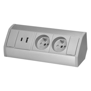 Elektromateriāli // Mēbeļu elektriskie slēdži un rozetes, USB rozetes // Gniazdo meblowe 2x2P+Z, 2xUSB (typ A+C; 2,4A), szaro-srebrne