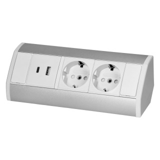Electric Materials // Furniture electrical switches and sockets, USB sockets // Gniazdo meblowe 2x2P+Z (Schuko), 2xUSB (typ A+C; 2,4A), biało-srebrne