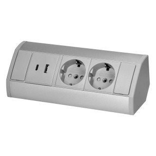Electric Materials // Furniture electrical switches and sockets, USB sockets // Gniazdo meblowe 2x2P+Z (Schuko), 2xUSB (typ A+C; 2,4A), szaro-srebrne