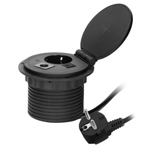 Elektromateriāli // Mēbeļu elektriskie slēdži un rozetes, USB rozetes // Gniazdo meblowe ?8cm wpuszczane w blat z ładowarką indukcyjną, ładowarką USB z 2 gniazdami A i C, przelotką kablową z przewodem 1,8m, 1x2P+Z (Schuko), 2xUSB 2,4A 5V, czarne