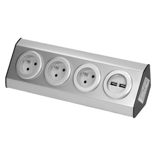 Elektromateriāli // Mēbeļu elektriskie slēdži un rozetes, USB rozetes // Gniazdo meblowe, kuchenne montowane na rzepy, z ładowarką USB - 3x2P+Z, 2xUSB, INOX.