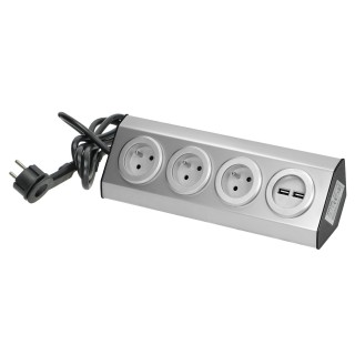 Elektrimaterjalid // Mööbli elektrilülitid ja pistikupesad, USB pistikupesad // Gniazdo meblowe, kuchenne  z ładowarką USB, montowane na rzepy z przewodem 1,5m - 3x2P+Z, 2xUSB, INOX z przewodem 1,5m.
