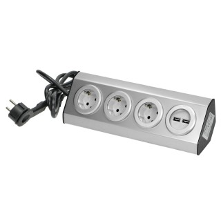 Elektromateriāli // Mēbeļu elektriskie slēdži un rozetes, USB rozetes // Gniazdo meblowe, kuchenne  z ładowarką USB, montowane na rzepy z przewodem 1,5m - 3x2P+Z schuko, 2xUSB, INOX z przewodem 1,5m.