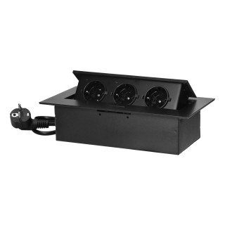 Elektromateriāli // Mēbeļu elektriskie slēdži un rozetes, USB rozetes // Gniazdo meblowe wpuszczane w blat z płaskim rantem i przewodem 1,5m, 3x2P+Z (Schuko), czarne