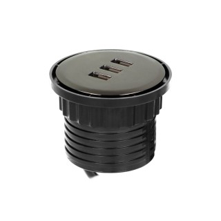 Elektromateriāli // Mēbeļu elektriskie slēdži un rozetes, USB rozetes // Ładowarka 3xUSB wpuszczana w blat, 5V total 3.1A, max. 2,1A/port, przewód 1,5m, czarny połysk