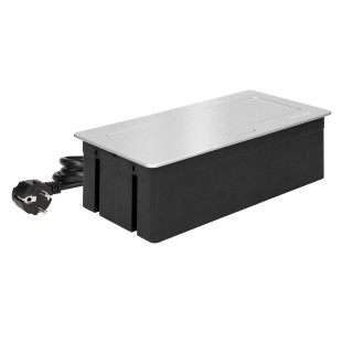 Elektromateriāli // Mēbeļu elektriskie slēdži un rozetes, USB rozetes // NOEN Kaseta meblowa wpuszczana w blat ze zintegrowaną ramką PCV na gniazda modułowe 3 x 45x45mm lub 6 x 22,5x45mm, przewód 1,5m, srebrne