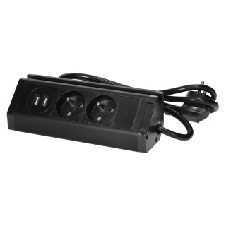 Elektromateriāli // Mēbeļu elektriskie slēdži un rozetes, USB rozetes // Podwójne gniazdo meblowe z ładowarką USB, uchwytem na telefon i przewodem 1,5m, 2x2P+Z,  2xUSB (typ A, 2,4A), czarne