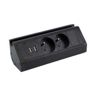 Elektromateriāli // Mēbeļu elektriskie slēdži un rozetes, USB rozetes // Podwójne gniazdo meblowe z ładowarką USB, uchwytem na telefon i przewodem 1,5m, 2x2P+Z,  2xUSB (typ A, 2,4A), czarne
