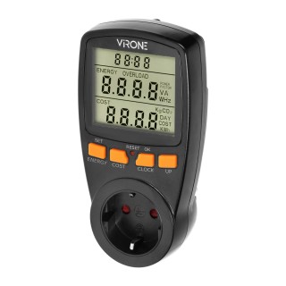 Elektromateriāli // Izpārdošana // Dwutaryfowy watomierz, kalkulator energii z wyświetlaczem LCD, 2 oddzielne taryfy, wewnętrzny akumulator, wersja Schuko, czarny