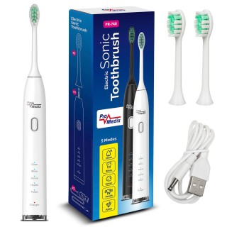 Tooth care // Brushes // Szczoteczka soniczna do zębów Promedix, kolor biały, 5 trybów, timer, wskaźnik poziomu nał. baterii,  2 końcówki i kabel USB, PR