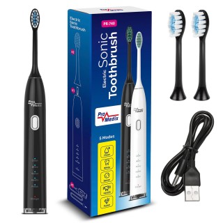 Tooth care // Brushes // Szczoteczka soniczna do zębów Promedix, kolor czarny,, 5 trybów, timer, wskaźnik poziomu nał. baterii,  2 końcówki, kabel USB, P