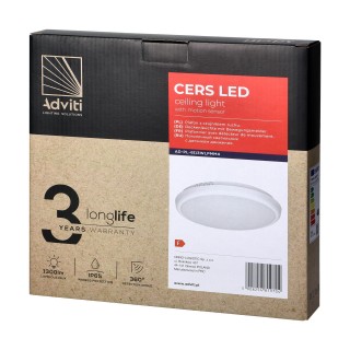LED Lighting // New Arrival // CERS LED 16W, plafon z mikrofalowym czujnikiem ruchu, 1300lm, IP65, 4000K, poliwęglan mleczny, biały, funkcja przyciemnienia