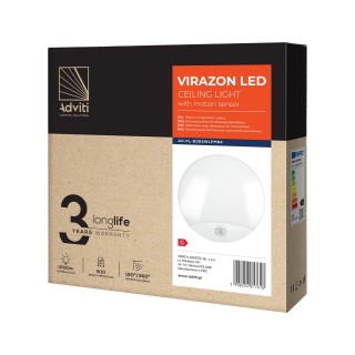 Apgaismojums LED // New Arrival // VIRAZON LED 15W, plafon z czujnikiem ruchu, 1050lm, IP44, 4000K, poliwęglan mleczny, biały