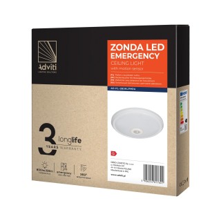 LED apšvietimas // New Arrival // ZONDA LED EMERGENCY 12W/1,2W, plafon z czujnikiem ruchu, 800lm/80lm, IP20, 4000K, poliwęglan mleczny, biały