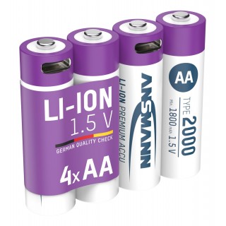 Rechargeable batteries AA 1.5V 2000mAh (Li-Ion 3.26Wh), with USB-C peak output power DC 1.5V 2A (4pcs box) ANSMANN