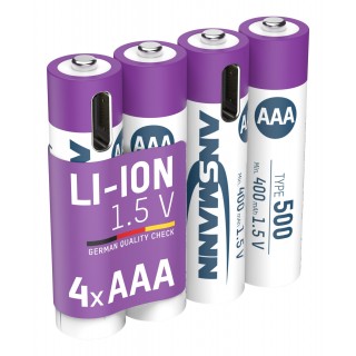 Rechargeable batteries AAA 1.5V 500mAh (Li-Ion 0.74Wh), with USB-C peak output power DC 1.5V 1A (4pcs box) ANSMANN