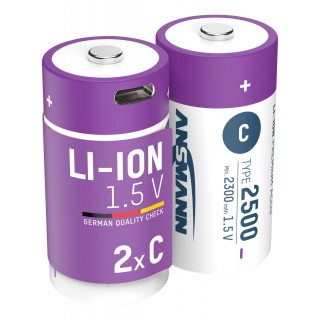 Rechargeable batteries C 1.5V 2500mAh (Li-Ion 4.07Wh), with USB-C peak output power DC 1.5V 2.5A (2pcs box) ANSMANN