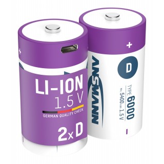 Rechargeable batteries D 1.5V 6000mAh (Li-Ion 12Wh), with USB-C peak output power DC 1.5V 2A (2pcs box) ANSMANN