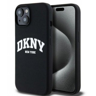 Nugarėlės dėklai DKNY Apple iPhone 15 hardcase Liquid Silicone White Printed Logo MagSafe Black