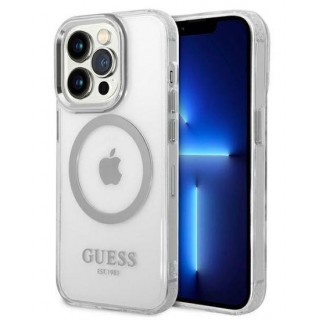 Nugarėlės dėklai Guess Apple iPhone 14 Pro Max 6.7 hard case Metal Outline Magsafe Silver