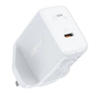 Adapter Acefast  GaN wall charger (UK plug) USB Type C 30W, Power Delivery, PPS, Q3 3.0, AFC, FCP White