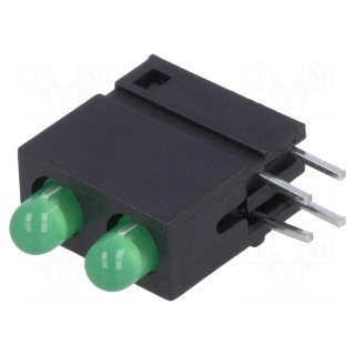 LED | in housing | green | 3mm | No.of diodes: 2 | 20mA | 40° | 2.2V | 25mcd