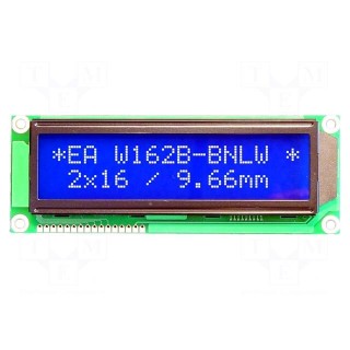 Display: LCD | alphanumeric | STN Negative | 16x2 | blue | 122x44mm | LED