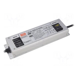 Power supply: switched-mode | LED | 199.5W | 95÷190VDC | 1050mA | IP67