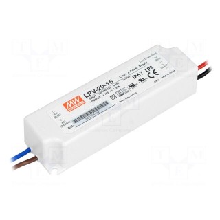 Power supply: switched-mode | LED | 20W | 15VDC | 1.33A | 90÷264VAC