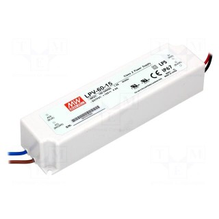 Power supply: switched-mode | LED | 60W | 15VDC | 4A | 90÷264VAC | IP67