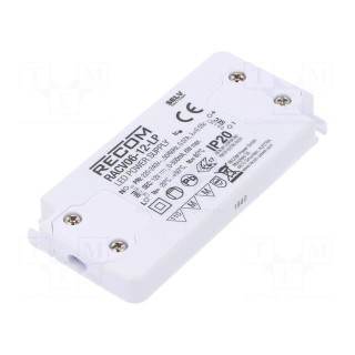 Power supply: switched-mode | LED | 6W | 12VDC | 500mA | 198÷264VAC