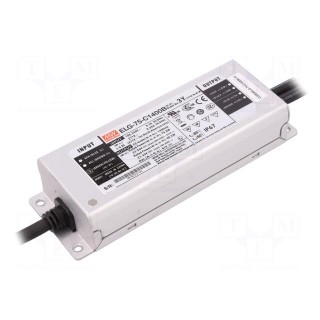 Power supply: switched-mode | LED | 75W | 27÷54VDC | 1400mA | IP67 | 90%