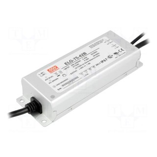 Power supply: switched-mode | LED | 75W | 42VDC | 1.8A | 180÷295VAC