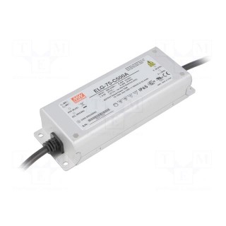 Power supply: switched-mode | LED | 75W | 75÷150VDC | 250÷500mA | IP65