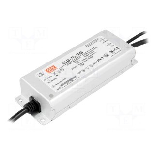 Power supply: switched-mode | LED | 75W | 36VDC | 2.1A | 180÷295VAC