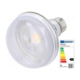 LED lamp | warm white | E27 | 230VAC | 670lm | P: 8W | 36° | 2700K