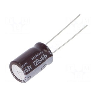 Capacitor: electrolytic | low impedance | THT | 120uF | 63VDC | ±20%