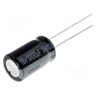 Capacitor: electrolytic | THT | 1000uF | 16VDC | Ø10x16mm | Pitch: 5mm