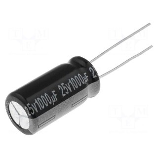 Capacitor: electrolytic | THT | 1000uF | 25VDC | Ø10x25mm | Pitch: 5mm