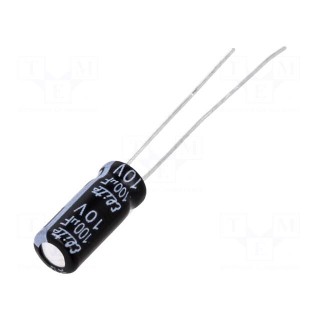 Capacitor: electrolytic | THT | 100uF | 10VDC | Ø5x11mm | Pitch: 2mm