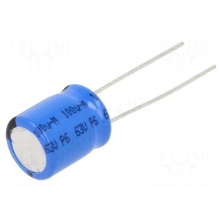 Capacitor: electrolytic | THT | 100uF | 63VDC | Ø10x12mm | Pitch: 5mm